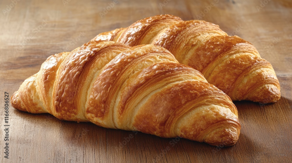 Deliciously baked croissants resting on a rustic wooden background with selective focus highlighting their flaky texture Deliciously baked croissants resting on a rustic wooden background with selective focus highlighting their flaky texture