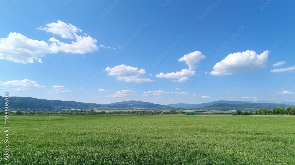 Obraz premium Lush Green Kamut Field Under Bright Blue Sky with Fluffy Clouds in Serene Rural Landscape