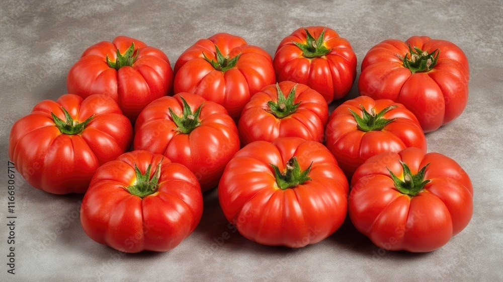 Vibrant fresh red tomatoes arranged on a gray surface showcasing their natural beauty and appeal for culinary and vegetarian themes. Vibrant fresh red tomatoes arranged on a gray surface showcasing their natural beauty and appeal for culinary and vegetarian themes.
