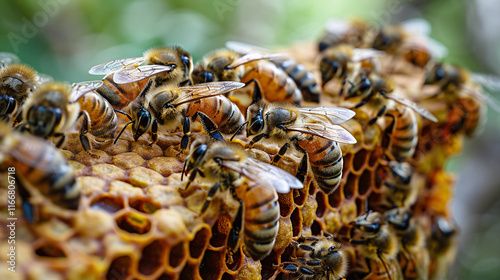 Bees are busy in the hive, collecting nectar on flowers, working as a team photo