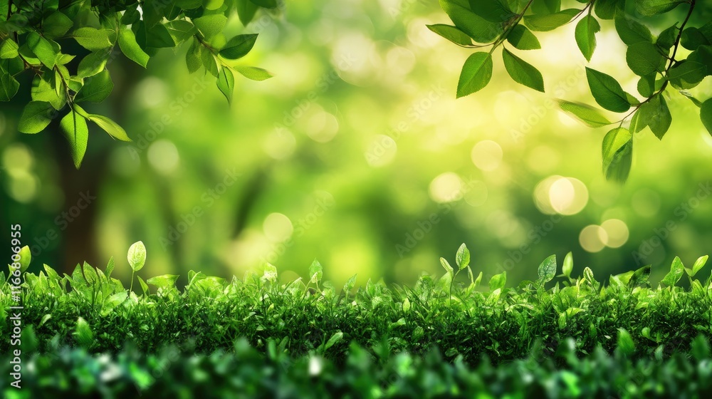 Green nature scene with blurred trees and lush foliage highlighting eco-friendly environment and sustainability in a serene forest setting Green nature scene with blurred trees and lush foliage highlighting eco-friendly environment and sustainability in a serene forest setting