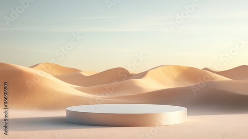 Fototapeta Naklejka Na Ścianę i Meble -  Minimalistic geometric podium stage in serene sandy desert dunes under soft sunlight for presentations or creative displays