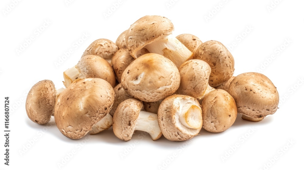 Fresh organic champignon mushrooms arranged artistically on a clean white background showcasing their natural texture and color. Fresh organic champignon mushrooms arranged artistically on a clean white background showcasing their natural texture and color.