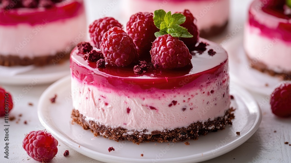 Delectable raspberry cheesecake topped with fresh raspberries on a light background perfect for dessert advertising and food photography. Delectable raspberry cheesecake topped with fresh raspberries on a light background perfect for dessert advertising and food photography.