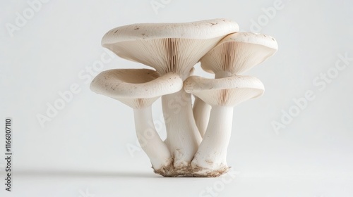 Champignon mushrooms arranged elegantly on a clean white background showcasing their delicate texture and natural beauty photo