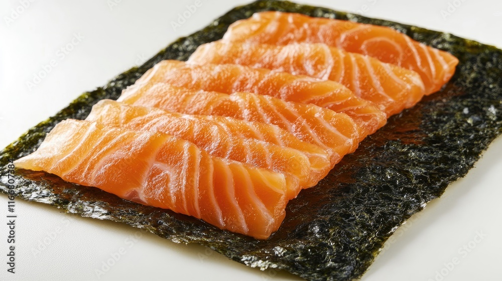 Cold fresh salmon sushi beautifully arranged on a sheet of nori showcasing vibrant colors and textures for culinary delight. Cold fresh salmon sushi beautifully arranged on a sheet of nori showcasing vibrant colors and textures for culinary delight.