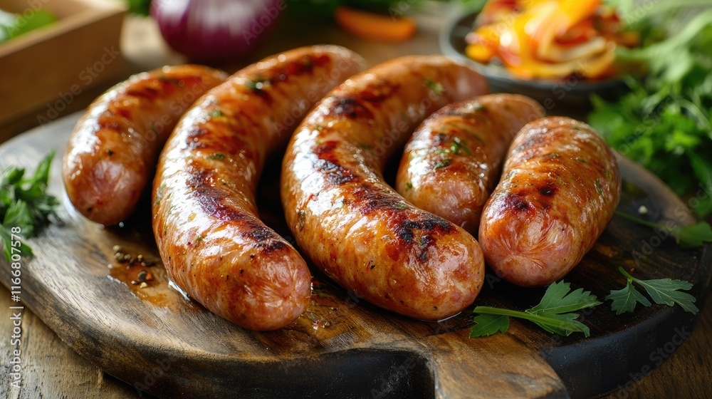 Grilled German Sausages Displayed on a Rustic Wooden Board with Fresh Herbs and Vegetables at a Vibrant Street Food Market Grilled German Sausages Displayed on a Rustic Wooden Board with Fresh Herbs and Vegetables at a Vibrant Street Food Market