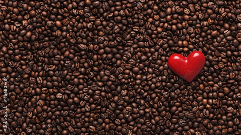 Fresh coffee beans with red heart symbol on rich coffee bean background representing love for coffee and passion for quality brews