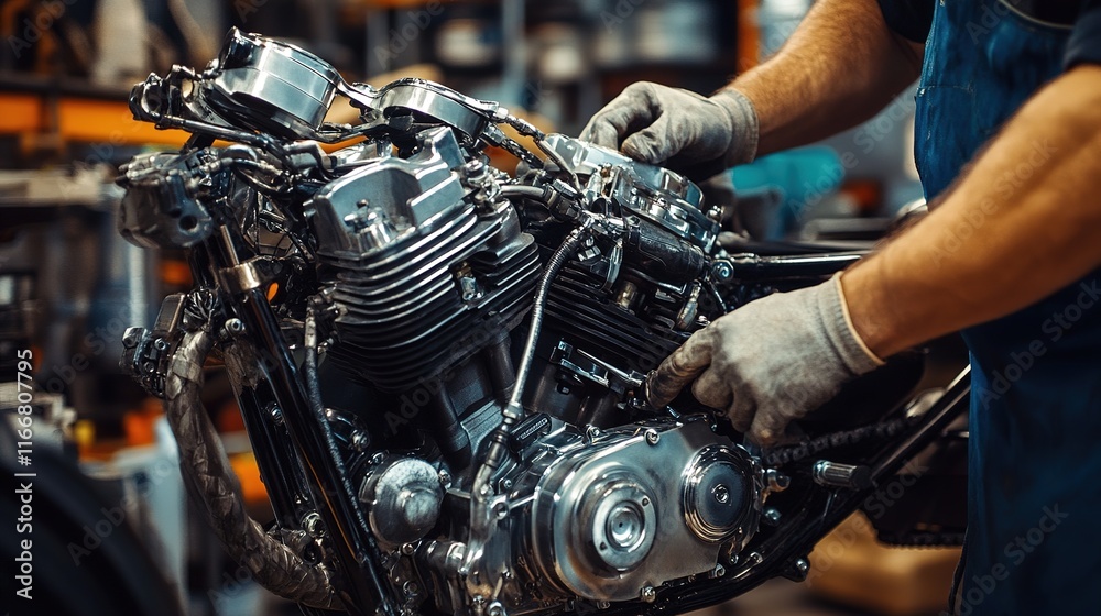 Obraz premium A custom-built high-performance motorcycle engine being assembled by an expert mechanic.