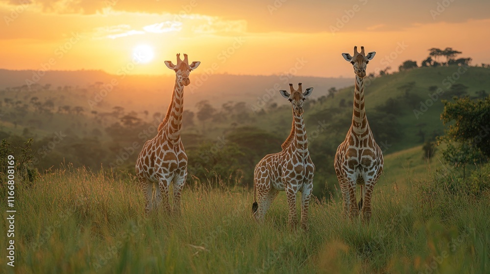Obraz premium Three giraffes stand in tall grass at sunset, overlooking a savanna landscape.