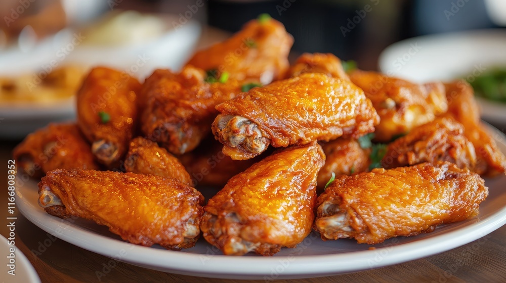 Crispy golden chicken wings served on a white plate garnished with herbs perfect for appetizing meals or snack ideas Crispy golden chicken wings served on a white plate garnished with herbs perfect for appetizing meals or snack ideas