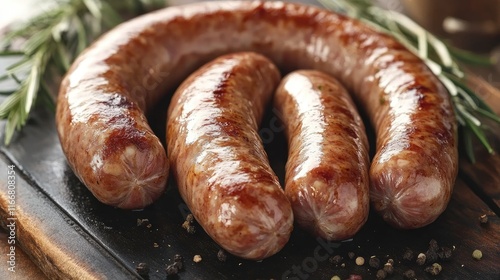 Traditional German sausages arranged on a wooden board with herbs and spices showcasing authentic culinary heritage photo