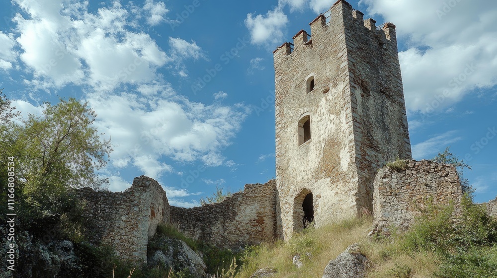 Ancient stone castle ruins with a tall tower under a blue sky and fluffy clouds amidst lush greenery and rocky terrain Ancient stone castle ruins with a tall tower under a blue sky and fluffy clouds amidst lush greenery and rocky terrain