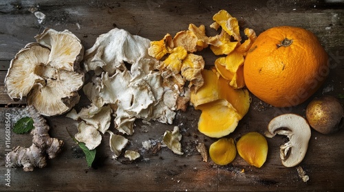 Organic and decayed produce showcasing bacterial cultures on rustic wooden background in a flat lay arrangement