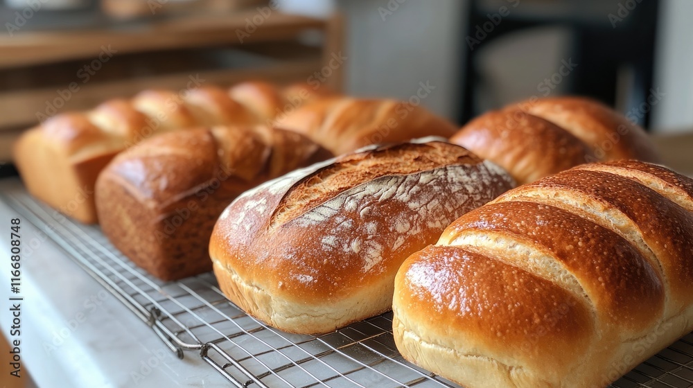 Artisan Bread Selection on a Cooling Rack with Various Loaves Freshly Baked in a Kitchen Setting Artisan Bread Selection on a Cooling Rack with Various Loaves Freshly Baked in a Kitchen Setting