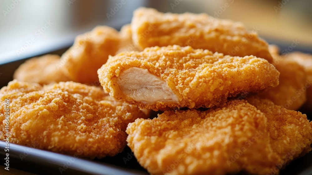 Breaded fresh chicken pieces ready for frying or baking in a delicious golden crispy coating. Breaded fresh chicken pieces ready for frying or baking in a delicious golden crispy coating.
