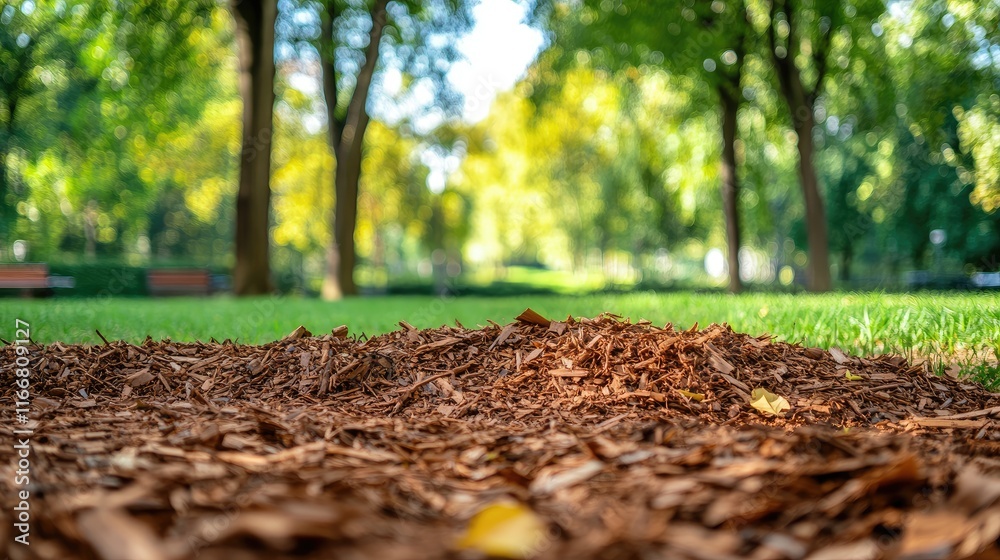 Natural wood mulch piles on park ground enhancing moisture retention in eco-friendly landscaping with trees and open space in background. Natural wood mulch piles on park ground enhancing moisture retention in eco-friendly landscaping with trees and open space in background.
