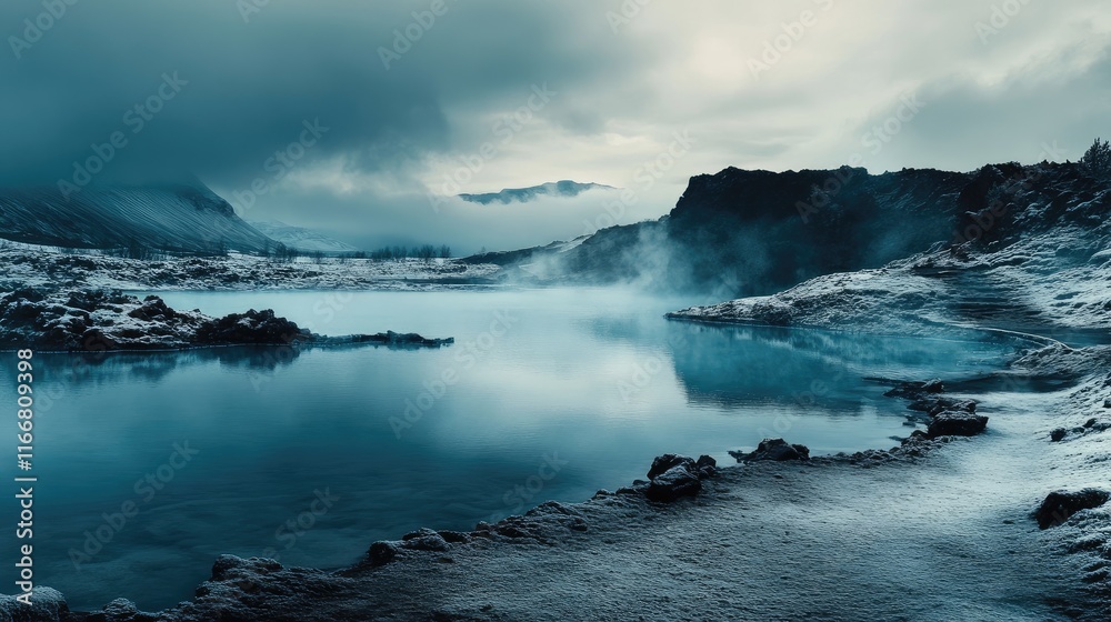 Peaceful Geothermal Spa Landscape with Blue Lagoon under Dramatic Cloudy Sky and Steam Rising from Water in Winter Setting Peaceful Geothermal Spa Landscape with Blue Lagoon under Dramatic Cloudy Sky and Steam Rising from Water in Winter Setting