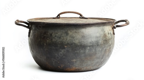 Antique Gray Iron Pot with Lid Isolated on White Background for Vintage Kitchenware and Cooking Themes photo