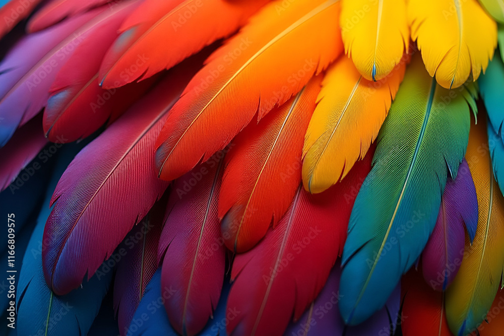 Fototapeta premium Colorful feathers background. Macro photo of soft parrot feathers in vivid rainbow colors. Abstract colorful composition with copy space. Bird wildlife pattern texture. Rainbow macaw feathers banner