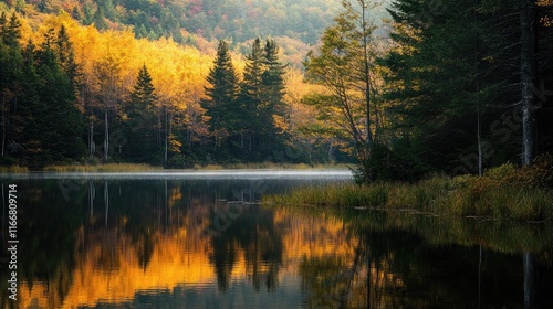 Golden autumn foliage reflecting in serene lake with soft golden light and misty atmosphere in a tranquil nature setting photo