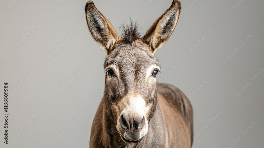 Naklejka premium Portrait of a gray mule against a neutral studio background showcasing its expressive features and serene demeanor