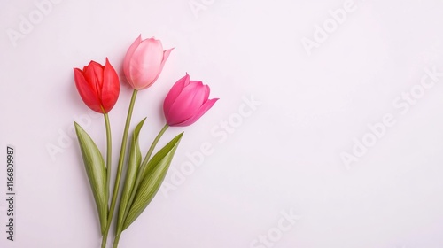Three colorful tulips arranged on a light background.
