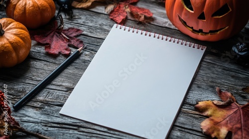 Halloween Themed Blank Paper Surrounded by Pumpkins Leaves and Decor for Creative Writing and Seasonal Crafts photo