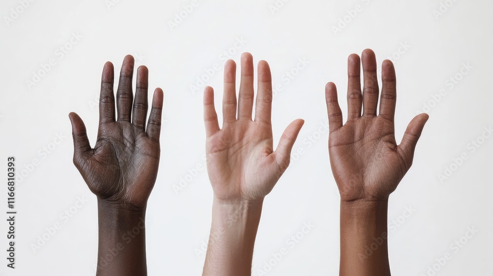 Diverse hands raised in unity against a neutral background symbolizing equality and inclusiveness in humanity. Diverse hands raised in unity against a neutral background symbolizing equality and inclusiveness in humanity.