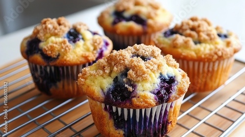 Blueberry Muffins with Crumbled Streusel Topping Freshly Baked on Wooden Cooling Rack Perfect for Breakfast or Desserts