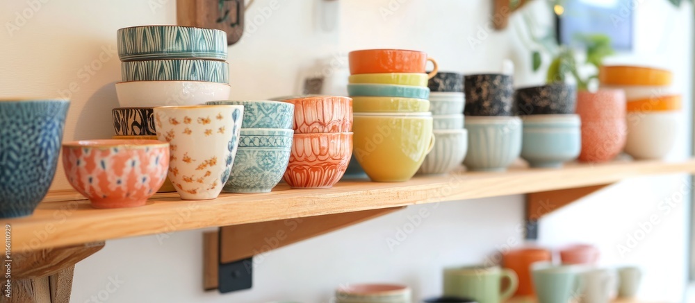 Colorful ceramic cups and dishes on hanging wooden shelves enhancing kitchen decor and providing stylish organization solutions Colorful ceramic cups and dishes on hanging wooden shelves enhancing kitchen decor and providing stylish organization solutions