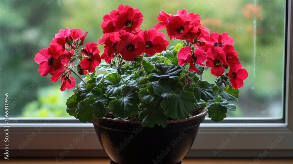 Vibrant geranium flowers in a pot on a sunny window sill with lush greenery outside creating a cheerful indoor atmosphere Vibrant geranium flowers in a pot on a sunny window sill with lush greenery outside creating a cheerful indoor atmosphere
