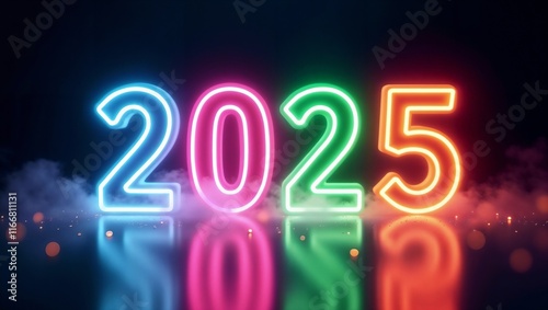 Vibrant neon 2025 sign against a dark, smoky background. Perfect for New Year's celebrations.