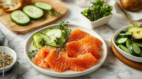 Fresh ingredients for appetizer with lox salmon avocado and cucumber on marble table ideal for family brunch or healthy recipe concept