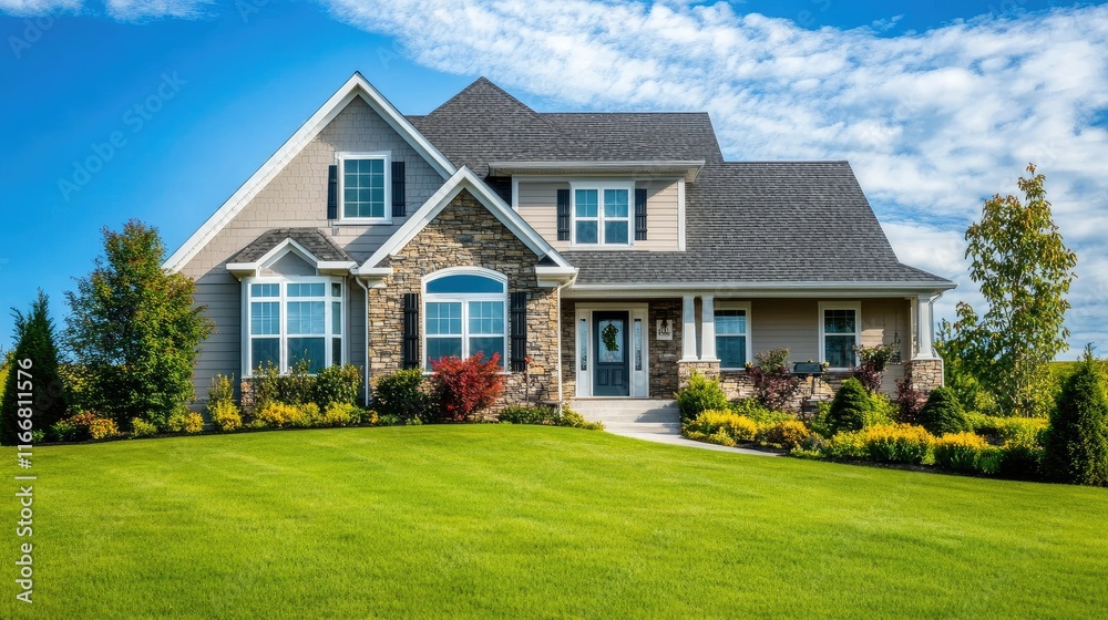 Residential Home with Lush Green Lawn and Beautiful Landscaping Against a Clear Sky Residential Home with Lush Green Lawn and Beautiful Landscaping Against a Clear Sky