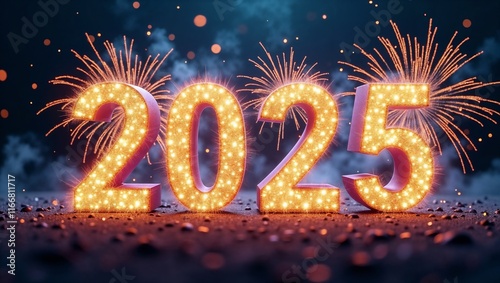 Illuminated 2025 digits with sparkling fireworks display. Perfect for New Year's celebrations.