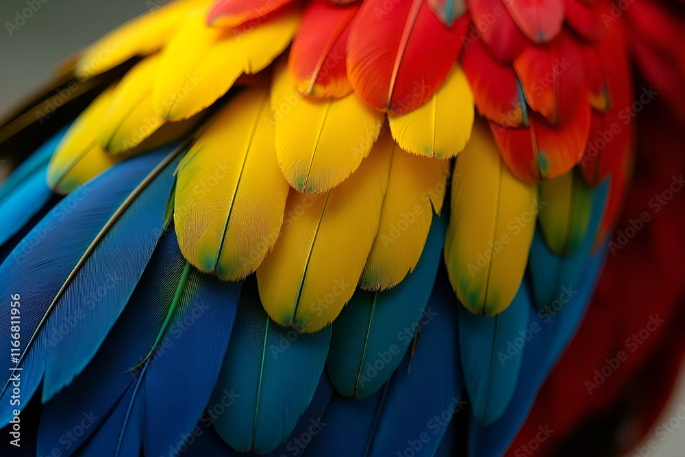 Obraz premium Colorful feathers background. Macro photo of soft parrot feathers in vivid rainbow colors. Abstract colorful composition with copy space. Bird wildlife pattern texture. Rainbow macaw feathers banner