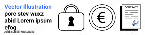 Text with Vector Illustration, lock icon, euro currency symbol, and a signed contract document. Ideal for financial services, security, contracts, legal agreements, currency exchange business