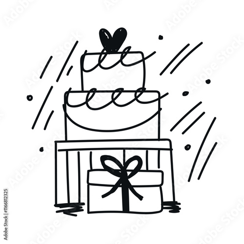 Hand-drawn chalk icon: retro and vintage wedding elements – a festive giant cake. Doodle-style vector illustration with playful, handwritten design