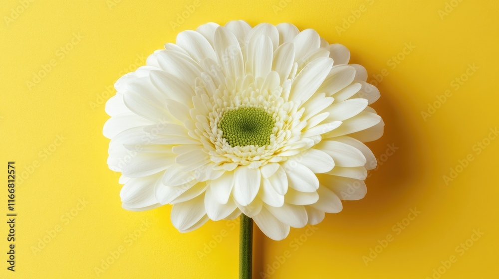 White Gerbera flower close-up on vibrant yellow background showcasing delicate petals and central green disc for floral design concepts White Gerbera flower close-up on vibrant yellow background showcasing delicate petals and central green disc for floral design concepts