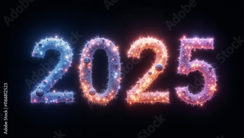 Stylized 2025 New Year's numbers glowing with vibrant colors and cosmic elements.