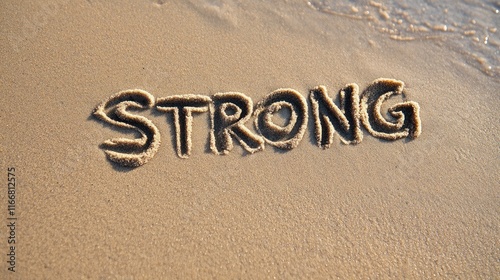 Strong word handwritten in sand on a beach with gentle waves and a serene natural background promoting resilience and positivity. photo