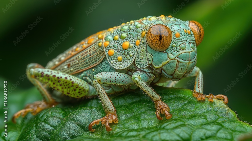 Fototapeta premium Vibrant green insect with orange eyes perched on a leaf.