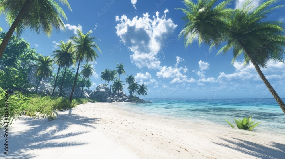 panorama of tropical beach with coconut palm trees panorama of tropical beach with coconut palm trees