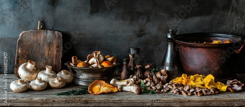 Rustic kitchen display of freshly harvested mushrooms and cookware ideal for culinary inspiration and gourmet cooking adventures