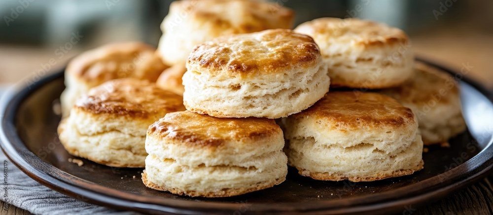 Freshly baked homemade biscuits stacked on a wooden plate showcasing delicious breakfast treats for baking enthusiasts Freshly baked homemade biscuits stacked on a wooden plate showcasing delicious breakfast treats for baking enthusiasts