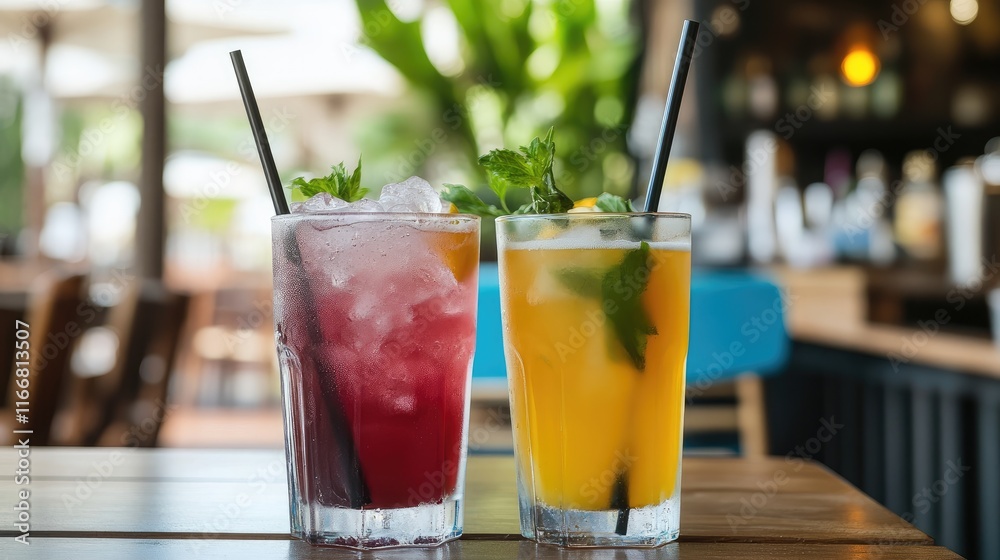 Summer cocktails with ice served in a vibrant cafe setting creating a refreshing and inviting atmosphere for relaxation and enjoyment Summer cocktails with ice served in a vibrant cafe setting creating a refreshing and inviting atmosphere for relaxation and enjoyment