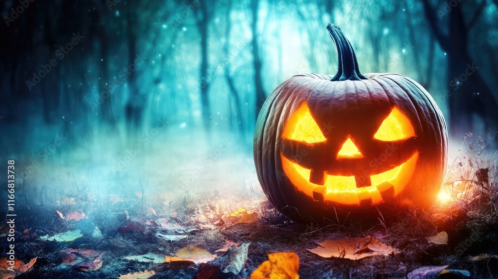 Naklejka premium Glowing jack o lantern pumpkin at night in a foggy garden creating a spooky Halloween ambiance with autumn leaves scattered around.