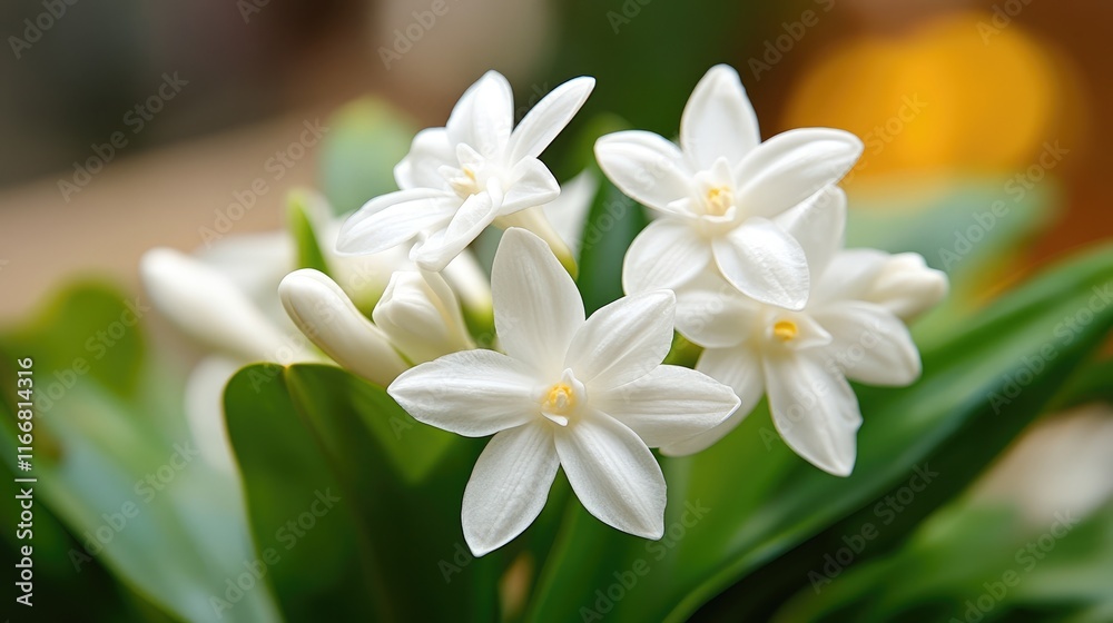 Delicate cluster of beautiful white flowers surrounded by lush green leaves in a serene and tranquil setting Delicate cluster of beautiful white flowers surrounded by lush green leaves in a serene and tranquil setting