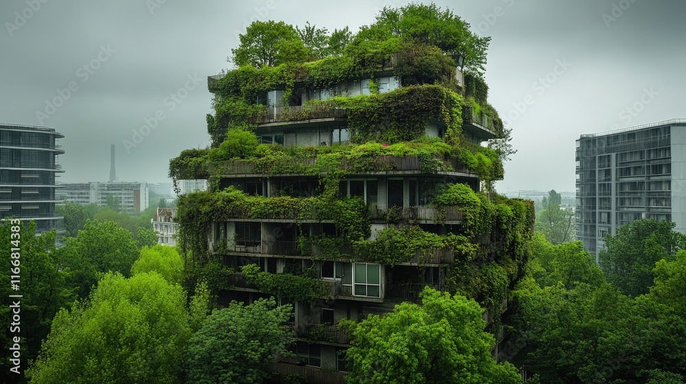 Urban nature thriving on a green-covered building showcasing biodiversity amid city life and environmental adaptation. Urban nature thriving on a green-covered building showcasing biodiversity amid city life and environmental adaptation.
